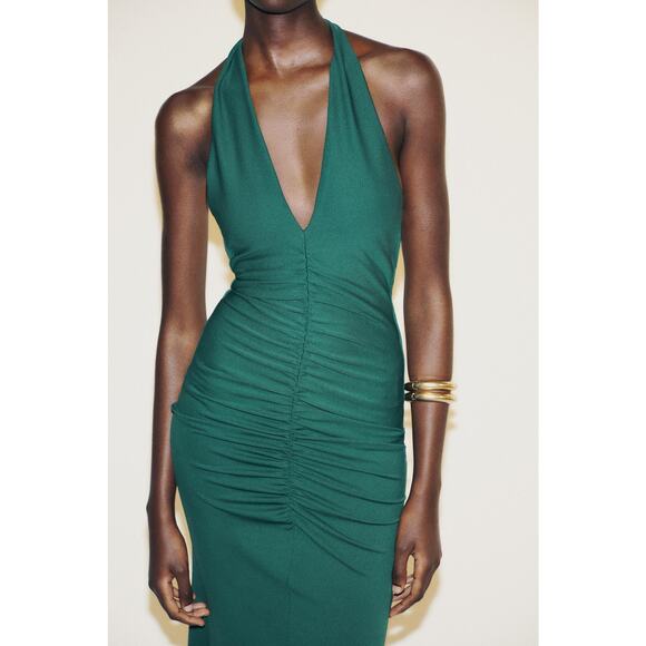 ZARA RUCHED HALTER MAXI DRESS SMALL Duck Green 5039/826/538 - Picture 2 of 6